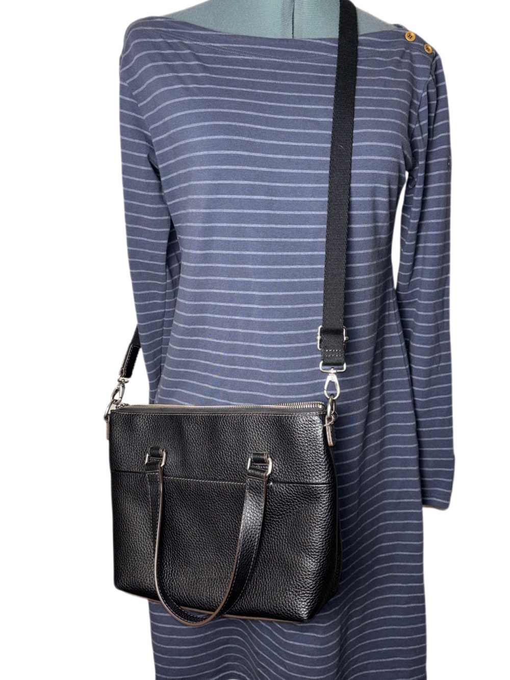 Fossil Black Pebbled Leather Convertible Satchel Crossbody Purse Mid Size - Picture 2 of 16